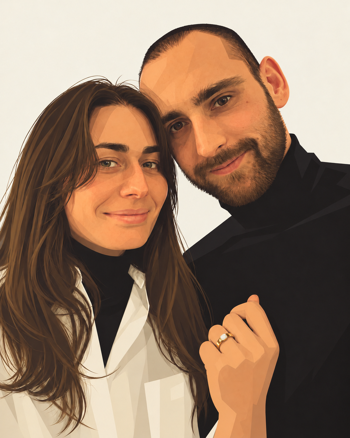 Portrait illustré d’Anouck et Ilai, avec la bague dorée.